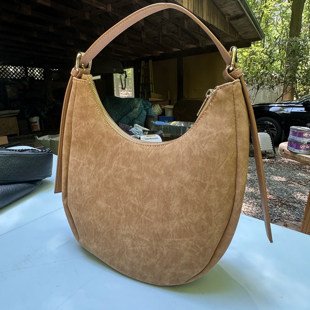 Tan, faux suede shoulder bag - gold hardware